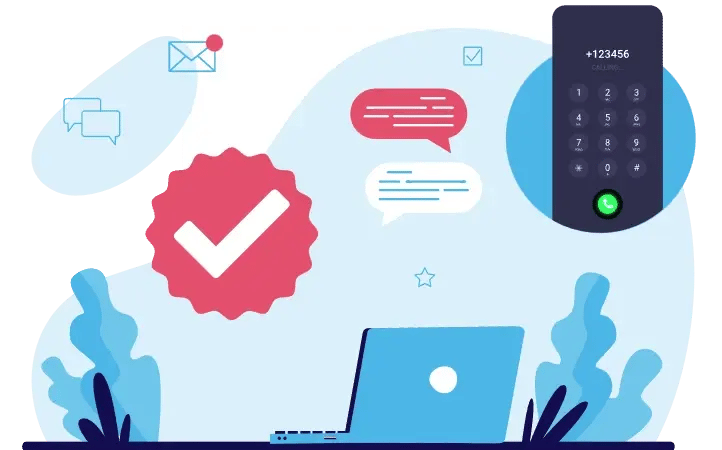 Image of Call Center Tools like Computer, SMS, Phone and decorations